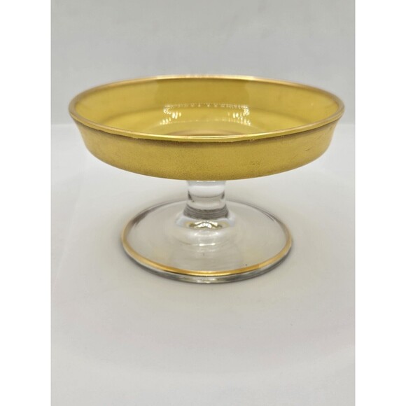 Yellow Depression Glass Pedestal Cheese Compote 4.75" Gold Edging Candy/Nut Dish - Picture 7 of 16